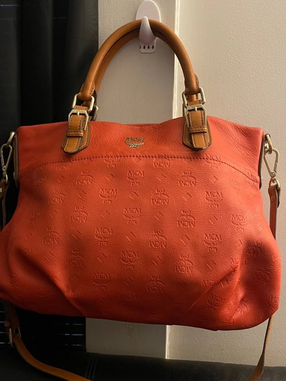 MCM Orange Embossed Leather Medium Two-way Bag W/ Detachable Strap EUC